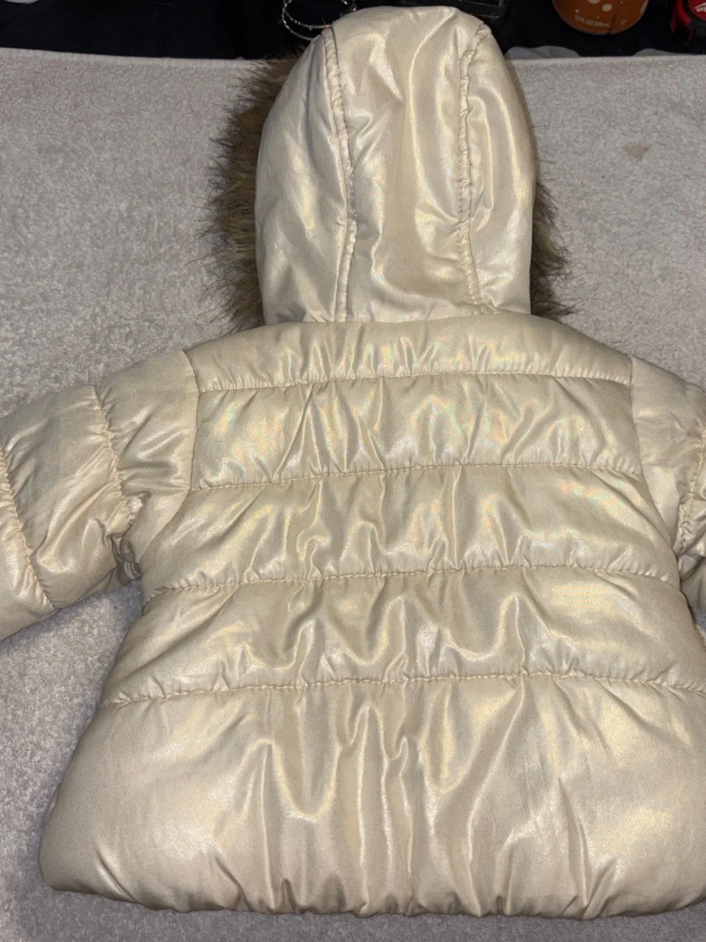 Metallic Cream Hooded Puffer Jacket with Faux-Fur Trim for Kids